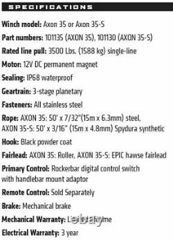 101130 Warn Axon 35-S Powersport UTVATV Electric Winch w 50ft Synthetic Rope