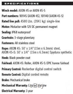 Warn Axon 4500 Lb Winch Synthétique Corde 101140 Rzr X3 Rs1 Wildcat Utv Atv Sxs